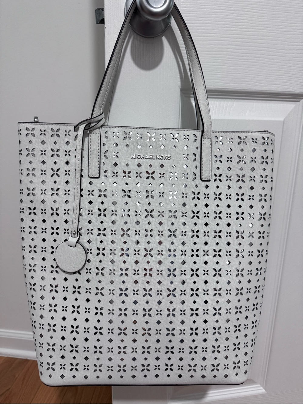 Michael Kors White Perforated Leather Tote with Charm